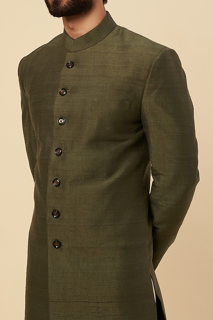 Olive Green Raw Silk Zardosi Embroidered Wedding Sherwani Set by Krishna Mehta Men at Pernia's Pop Up Shop