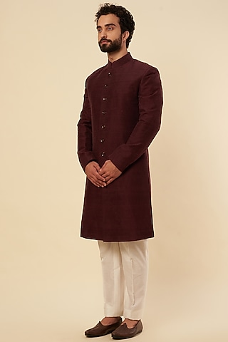 Wine Ombre Silk Zardosi Embroidered Sherwani Set by Krishna Mehta Men