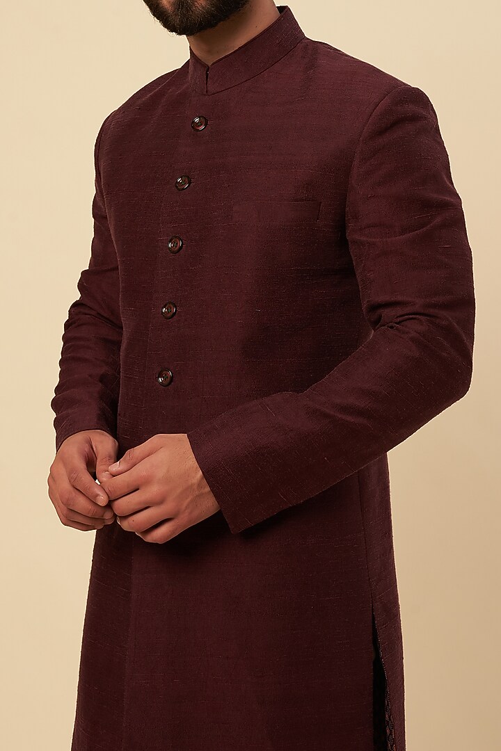 Wine Ombre Silk Zardosi Embroidered Wedding Sherwani Set by Krishna Mehta Men at Pernia's Pop Up Shop
