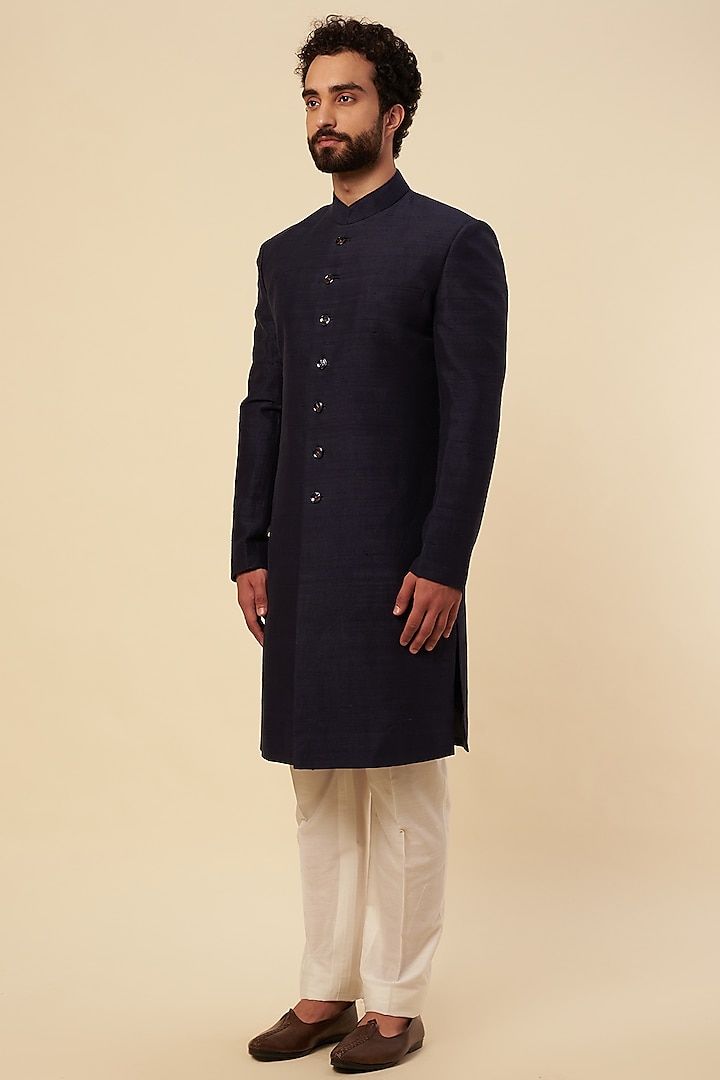 Navy Blue Embroidered Sherwani Set by Krishna Mehta Men