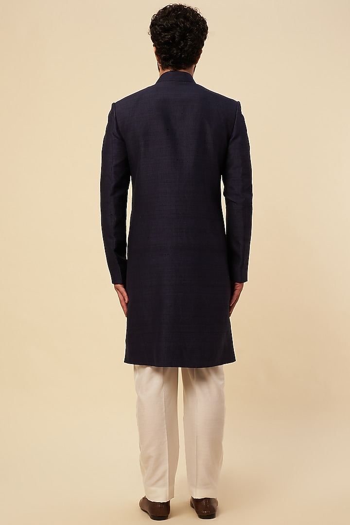 Navy Blue Raw Silk Zardosi Embroidered Wedding Sherwani Set by Krishna Mehta Men at Pernia's Pop Up Shop
