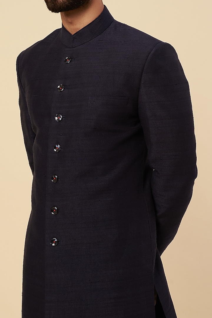 Navy Blue Raw Silk Zardosi Embroidered Wedding Sherwani Set by Krishna Mehta Men at Pernia's Pop Up Shop