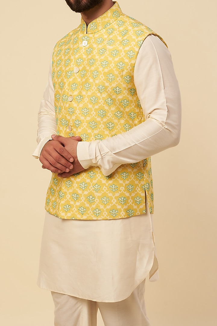 Yellow Tussar Block Printed & Zardosi Embroidered Nehru Jacket Set by Krishna Mehta Men at Pernia's Pop Up Shop