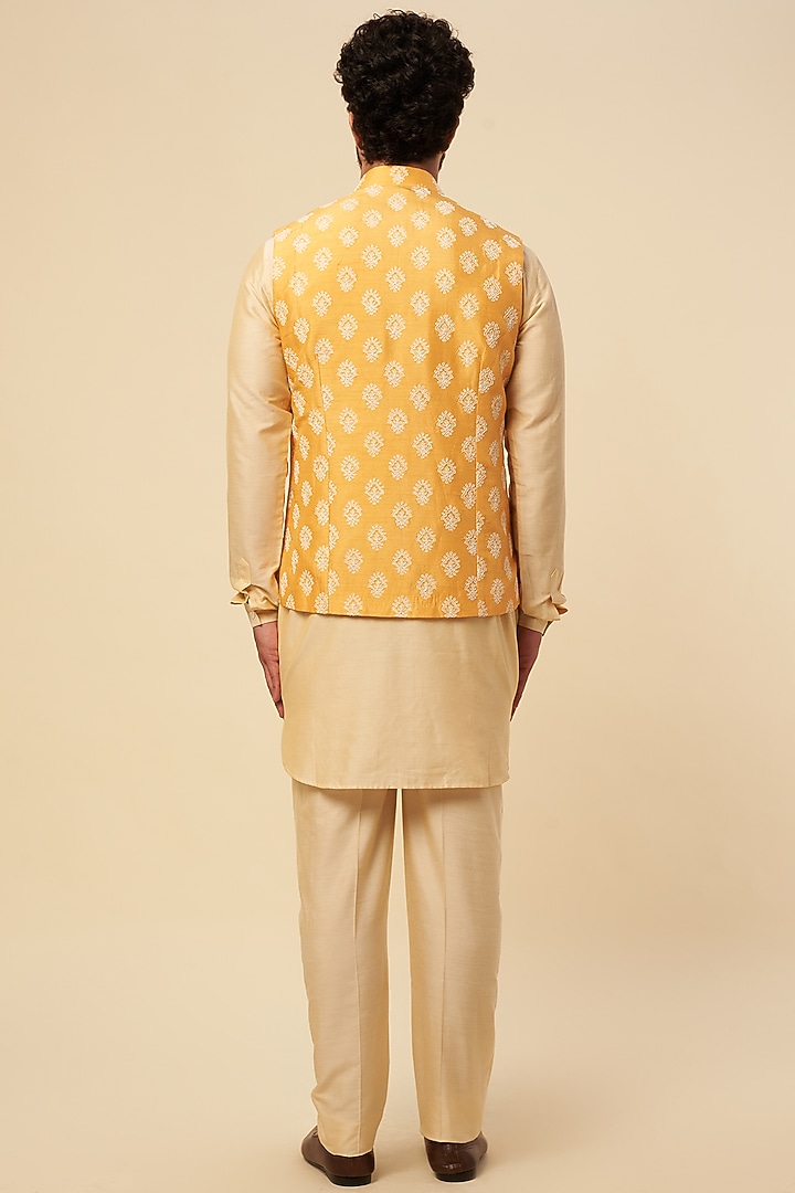 Yellow Tussar Block Printed & Zardosi Embroidered Nehru Jacket Set by Krishna Mehta Men at Pernia's Pop Up Shop