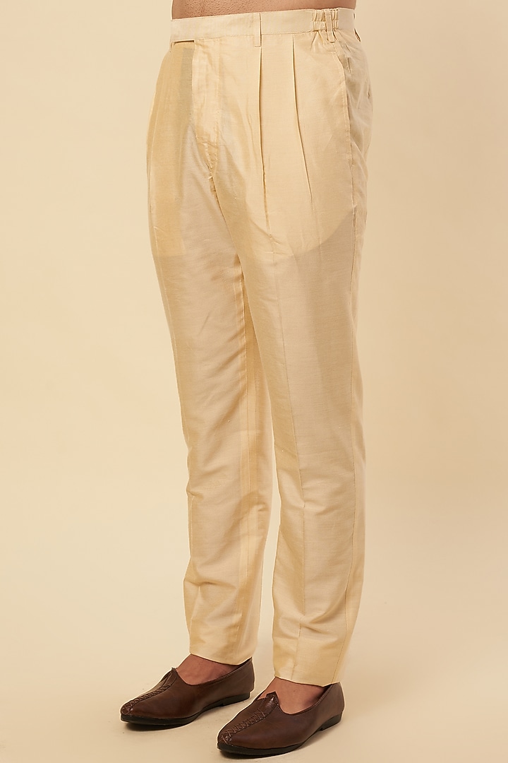 Yellow Tussar Block Printed & Zardosi Embroidered Nehru Jacket Set by Krishna Mehta Men at Pernia's Pop Up Shop