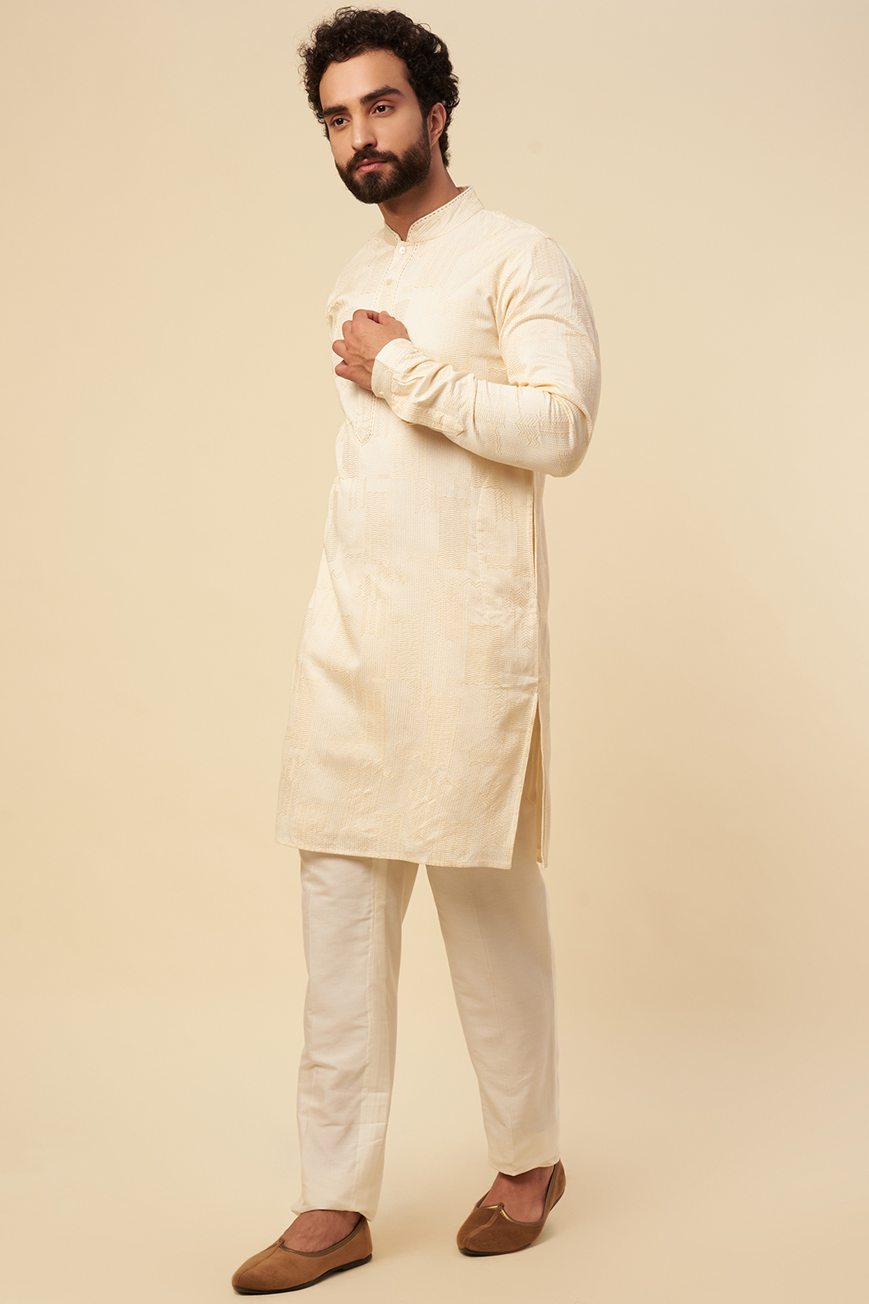 Ivory Viscose Embroidered Kurta Set by Krishna Mehta Men at Pernia's Pop Up Shop