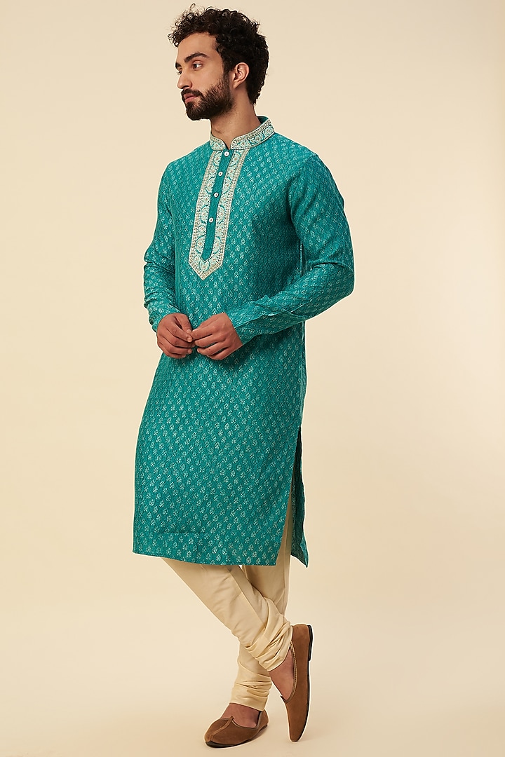 Turquoise Cotton Embroidered Kurta Set by Krishna Mehta Men