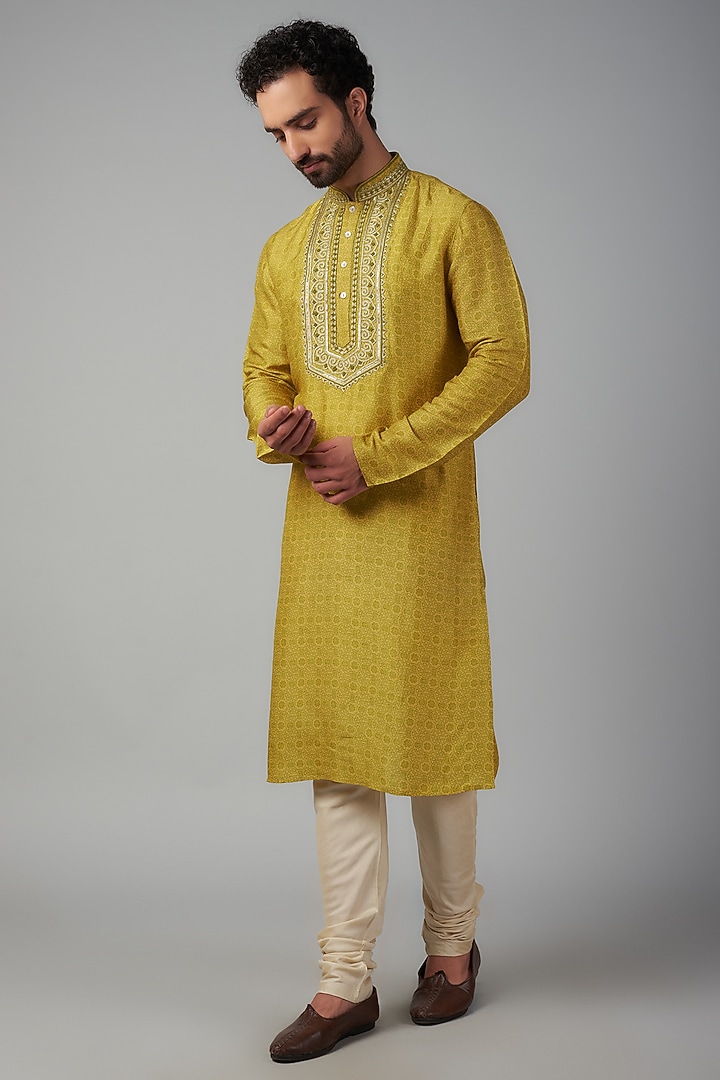Yellow Tussar Printed & Hand Embroidered Kurta Set by Krishna Mehta Men at Pernia's Pop Up Shop