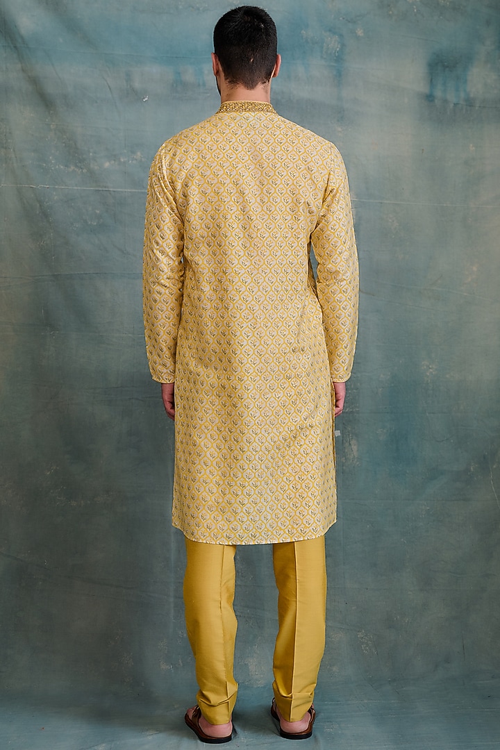 Yellow Tussar Block Printed & Zardosi Embroidered Kurta Set by Krishna Mehta Men at Pernia's Pop Up Shop