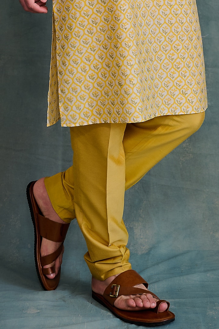 Yellow Tussar Block Printed & Zardosi Embroidered Kurta Set by Krishna Mehta Men at Pernia's Pop Up Shop