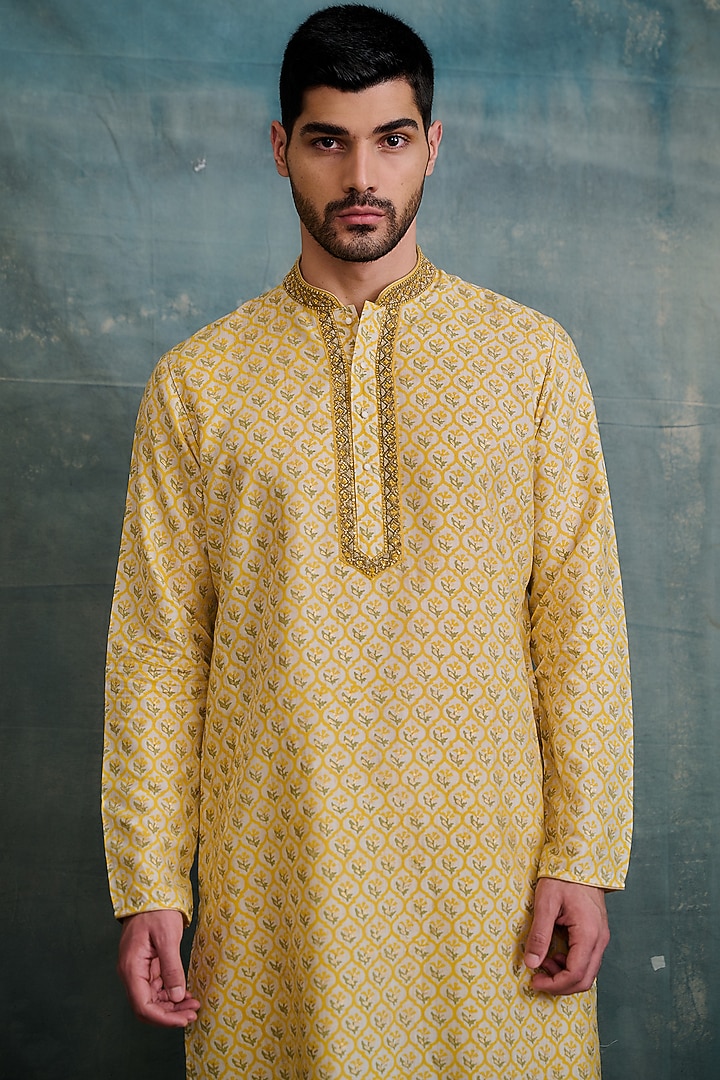 Yellow Tussar Block Printed & Zardosi Embroidered Kurta Set by Krishna Mehta Men at Pernia's Pop Up Shop