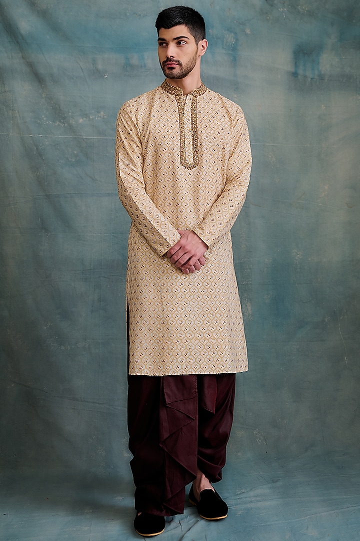 Maroon Tussar Block Printed & Zardosi Embroidered Kurta Set by Krishna Mehta Men at Pernia's Pop Up Shop