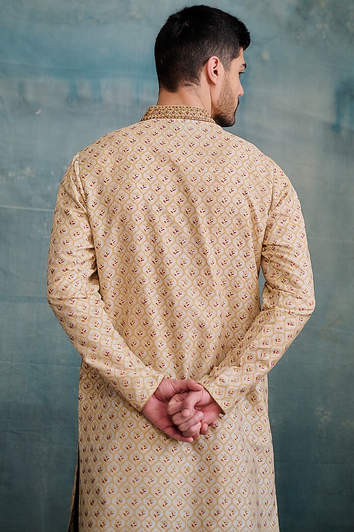 Maroon Tussar Block Printed & Zardosi Embroidered Kurta Set by Krishna Mehta Men at Pernia's Pop Up Shop