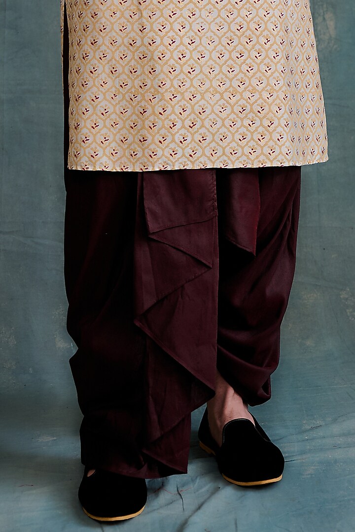Maroon Tussar Block Printed & Zardosi Embroidered Kurta Set by Krishna Mehta Men at Pernia's Pop Up Shop