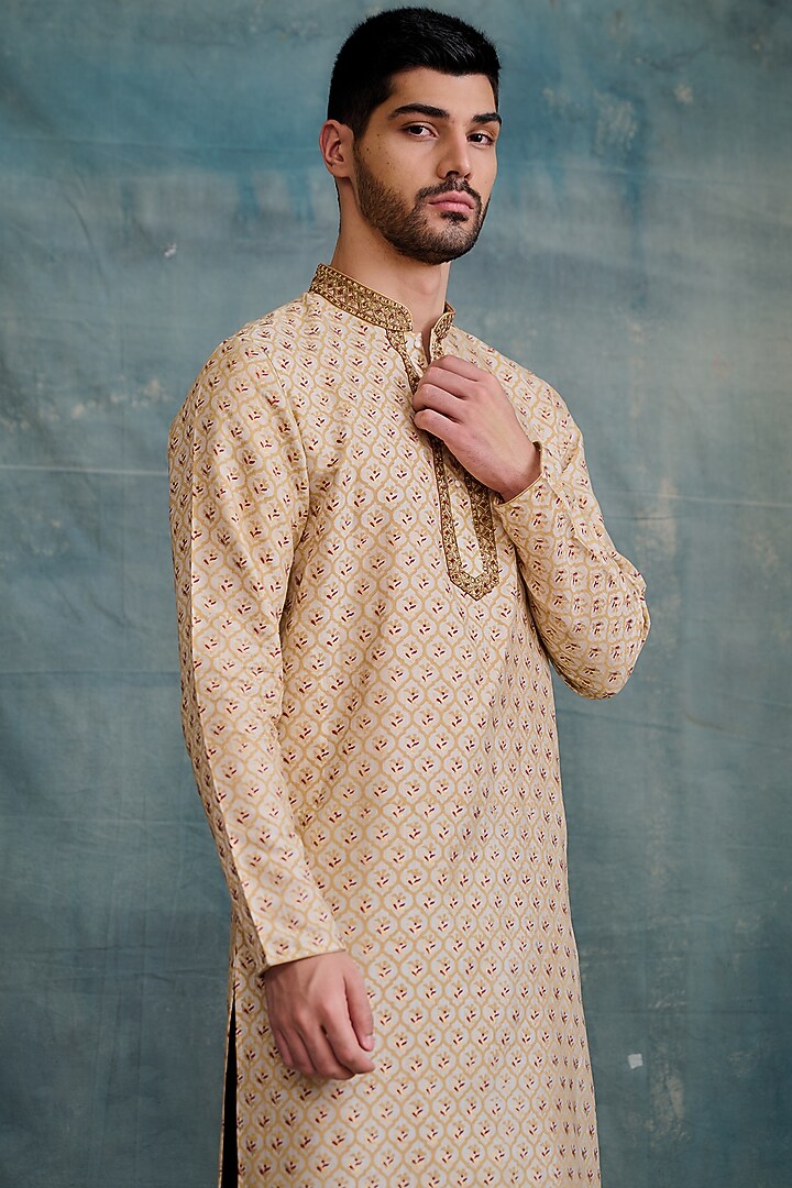 Maroon Tussar Block Printed & Zardosi Embroidered Kurta Set by Krishna Mehta Men at Pernia's Pop Up Shop