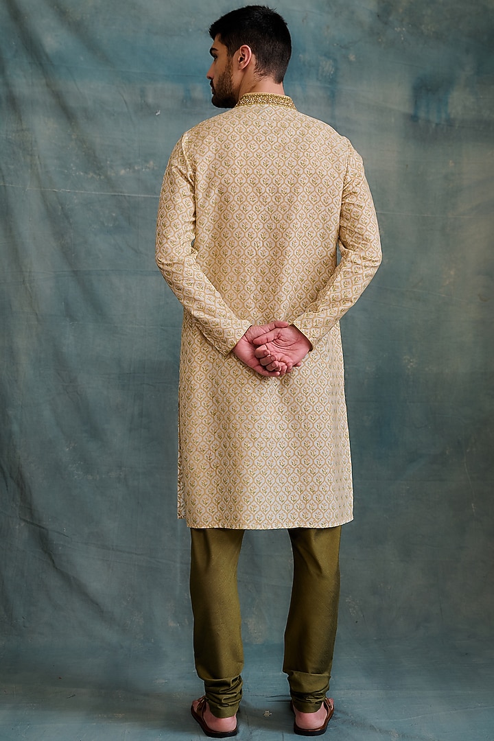 Beige Tussar Block Printed & Zardosi Embroidered Kurta Set by Krishna Mehta Men at Pernia's Pop Up Shop