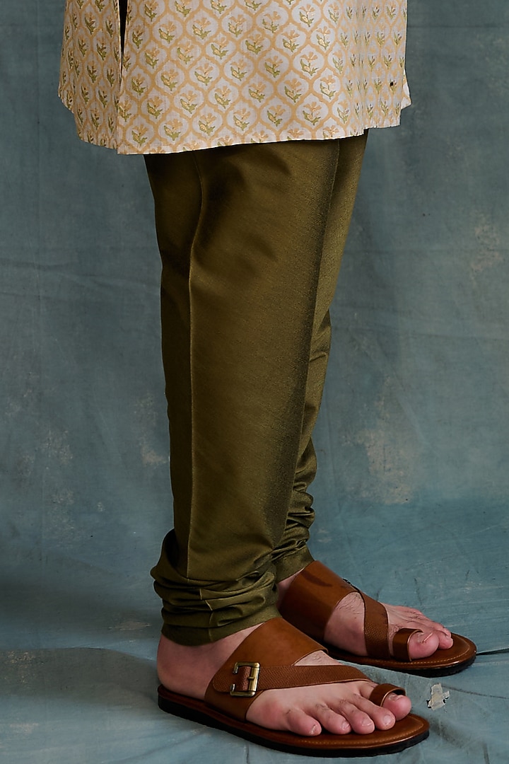 Beige Tussar Block Printed & Zardosi Embroidered Kurta Set by Krishna Mehta Men at Pernia's Pop Up Shop