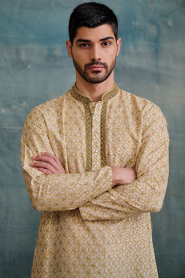 Beige Tussar Block Printed & Zardosi Embroidered Kurta Set by Krishna Mehta Men at Pernia's Pop Up Shop
