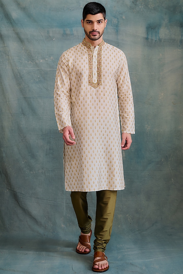 Gold Tussar Block Printed & Zardosi Embroidered Kurta Set by Krishna Mehta Men at Pernia's Pop Up Shop