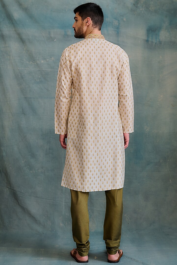 Gold Tussar Block Printed & Zardosi Embroidered Kurta Set by Krishna Mehta Men at Pernia's Pop Up Shop