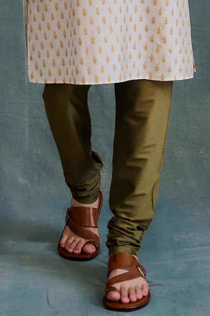 Gold Tussar Block Printed & Zardosi Embroidered Kurta Set by Krishna Mehta Men at Pernia's Pop Up Shop