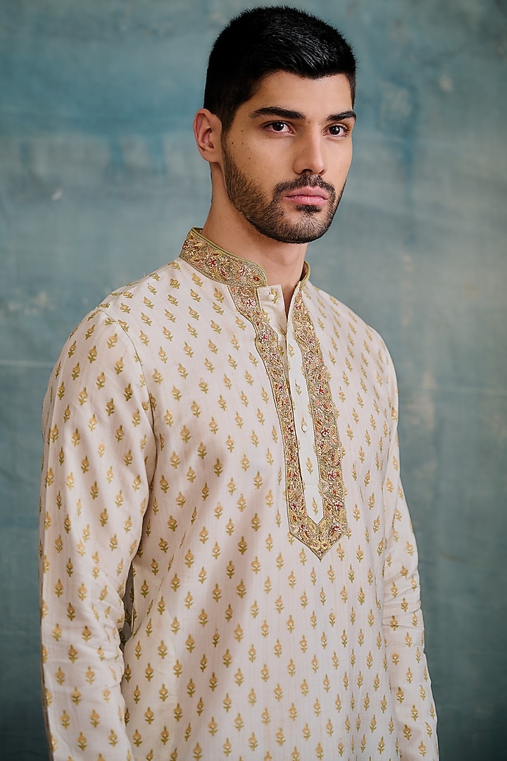 Gold Tussar Block Printed & Zardosi Embroidered Kurta Set by Krishna Mehta Men at Pernia's Pop Up Shop