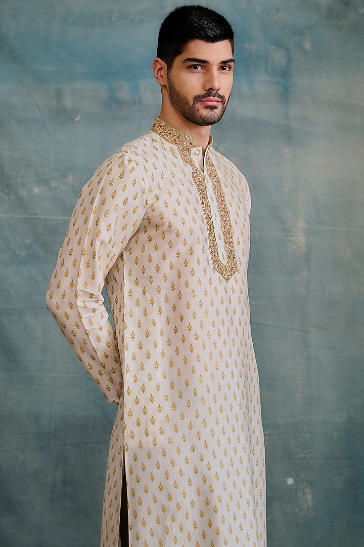 Gold Tussar Block Printed & Zardosi Embroidered Kurta Set by Krishna Mehta Men at Pernia's Pop Up Shop