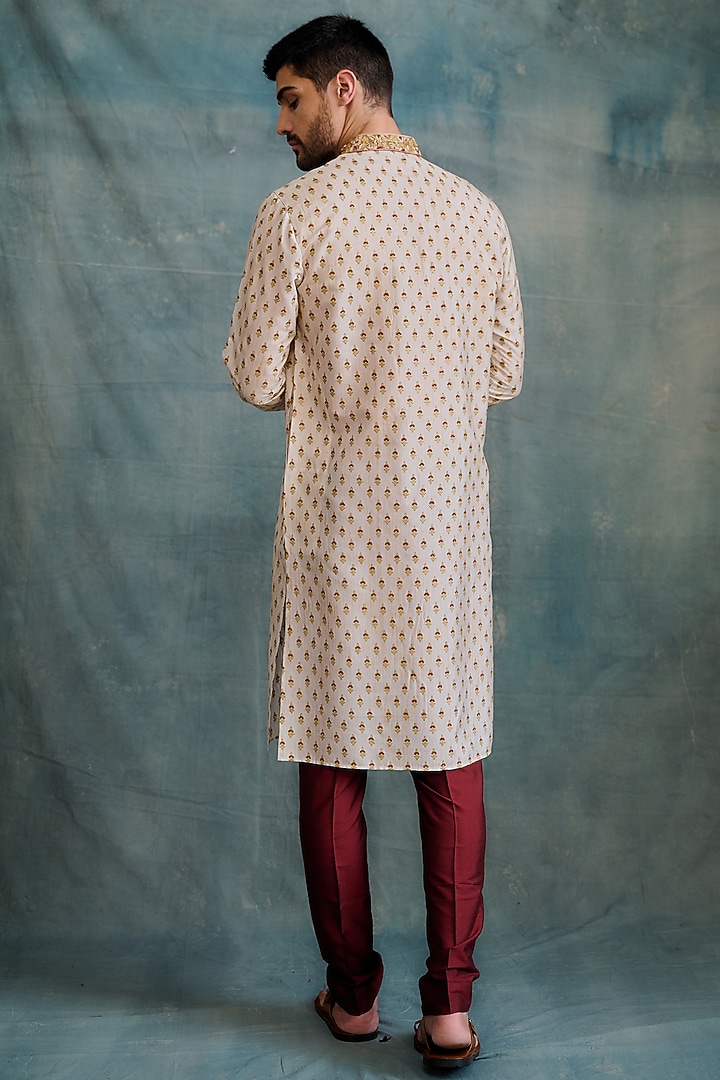 Beige Tussar Block Printed & Zardosi Embroidered Kurta Set by Krishna Mehta Men at Pernia's Pop Up Shop