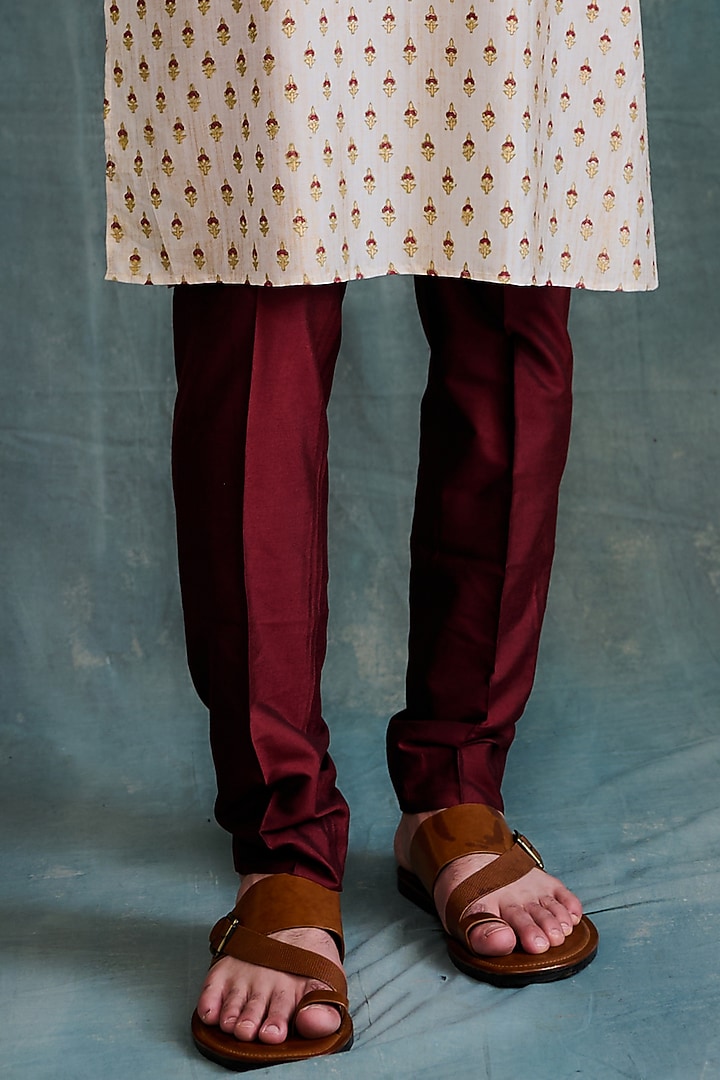 Beige Tussar Block Printed & Zardosi Embroidered Kurta Set by Krishna Mehta Men at Pernia's Pop Up Shop