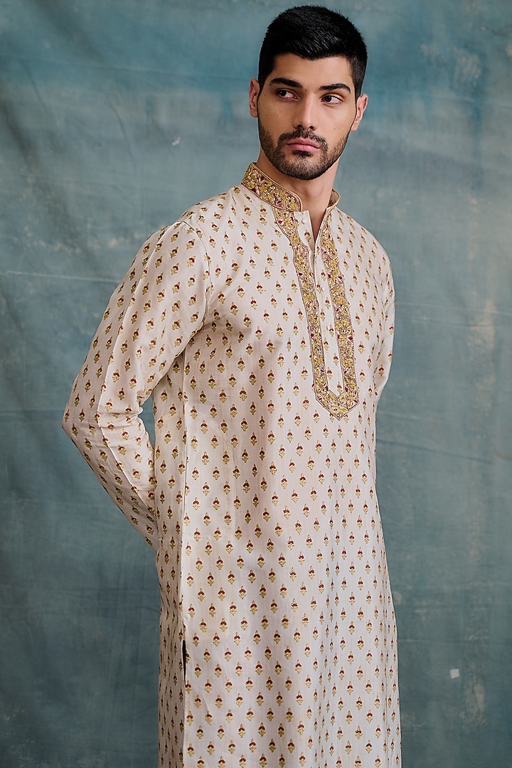 Beige Tussar Block Printed & Zardosi Embroidered Kurta Set by Krishna Mehta Men at Pernia's Pop Up Shop