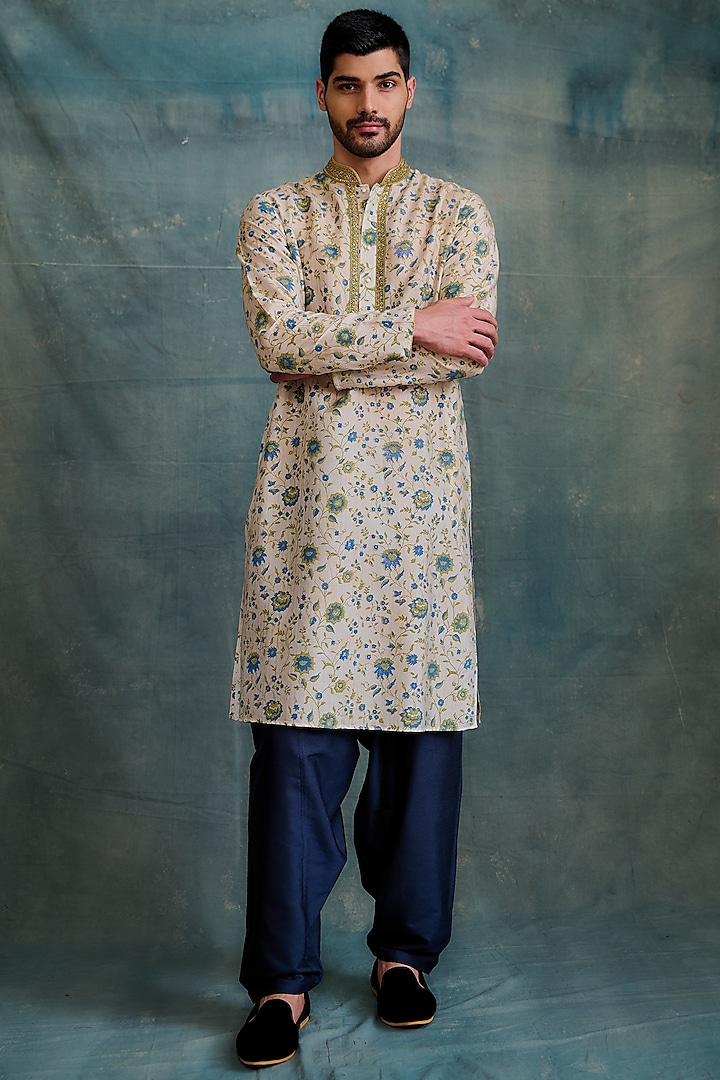 Gold Tussar Block Printed & Zardosi Embroidered Kurta Set by Krishna Mehta Men at Pernia's Pop Up Shop