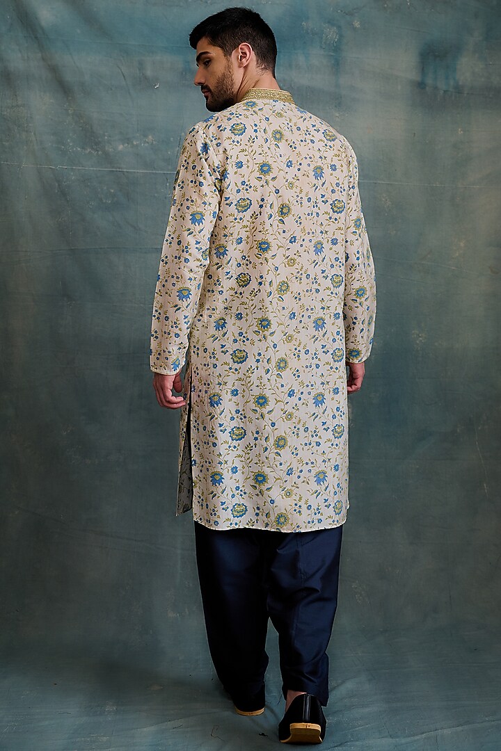 Gold Tussar Block Printed & Zardosi Embroidered Kurta Set by Krishna Mehta Men at Pernia's Pop Up Shop
