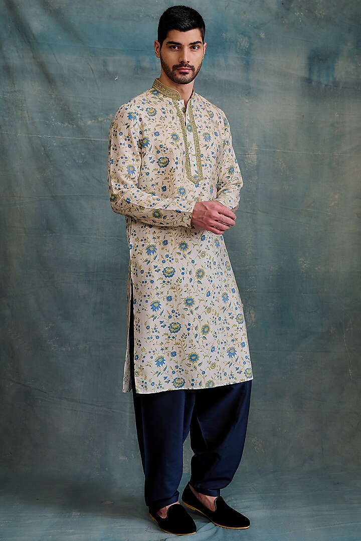 Gold Tussar Block Printed & Zardosi Embroidered Kurta Set by Krishna Mehta Men at Pernia's Pop Up Shop