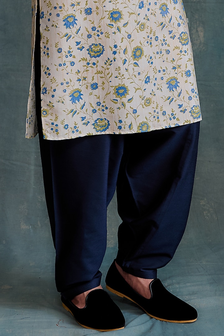 Gold Tussar Block Printed & Zardosi Embroidered Kurta Set by Krishna Mehta Men at Pernia's Pop Up Shop