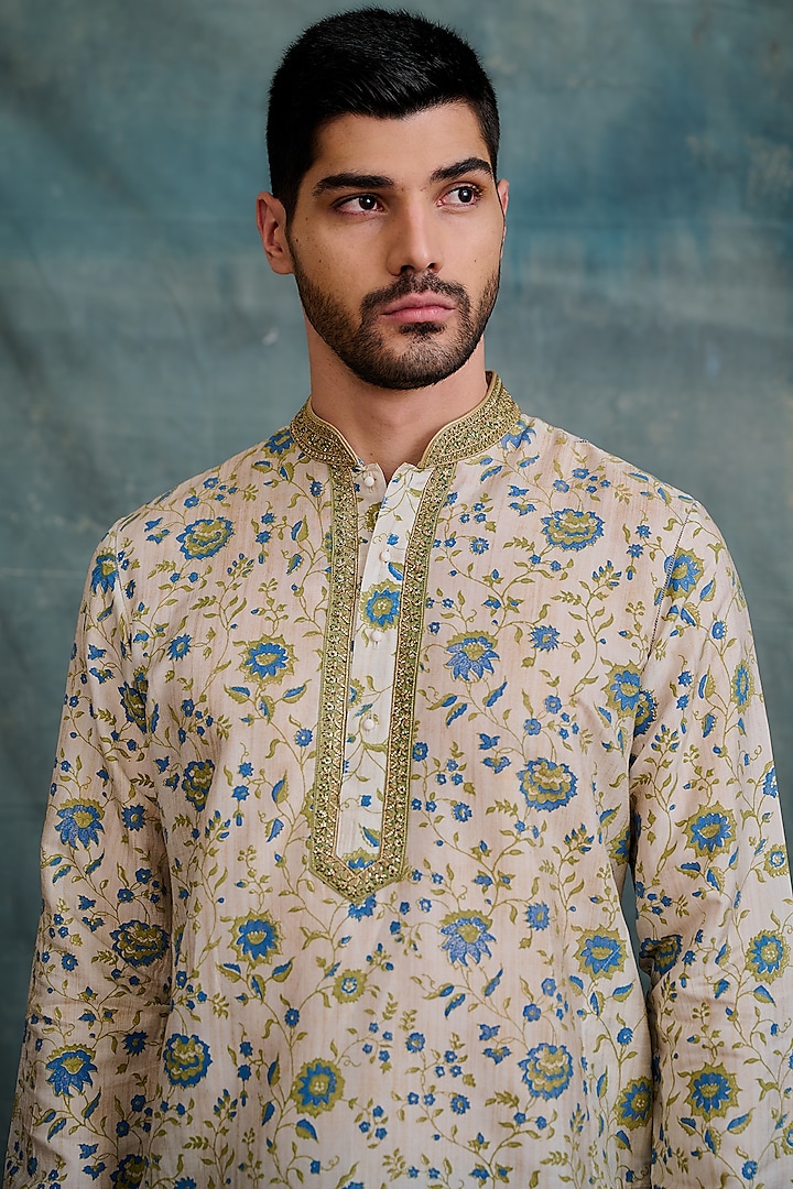 Gold Tussar Block Printed & Zardosi Embroidered Kurta Set by Krishna Mehta Men at Pernia's Pop Up Shop