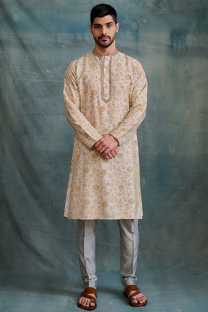 Gold Tussar Block Printed & Zardosi Embroidered Kurta Set by Krishna Mehta Men at Pernia's Pop Up Shop