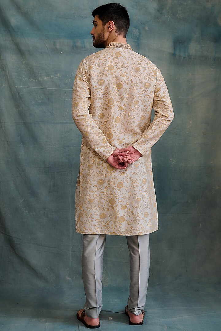 Gold Tussar Block Printed & Zardosi Embroidered Kurta Set by Krishna Mehta Men at Pernia's Pop Up Shop