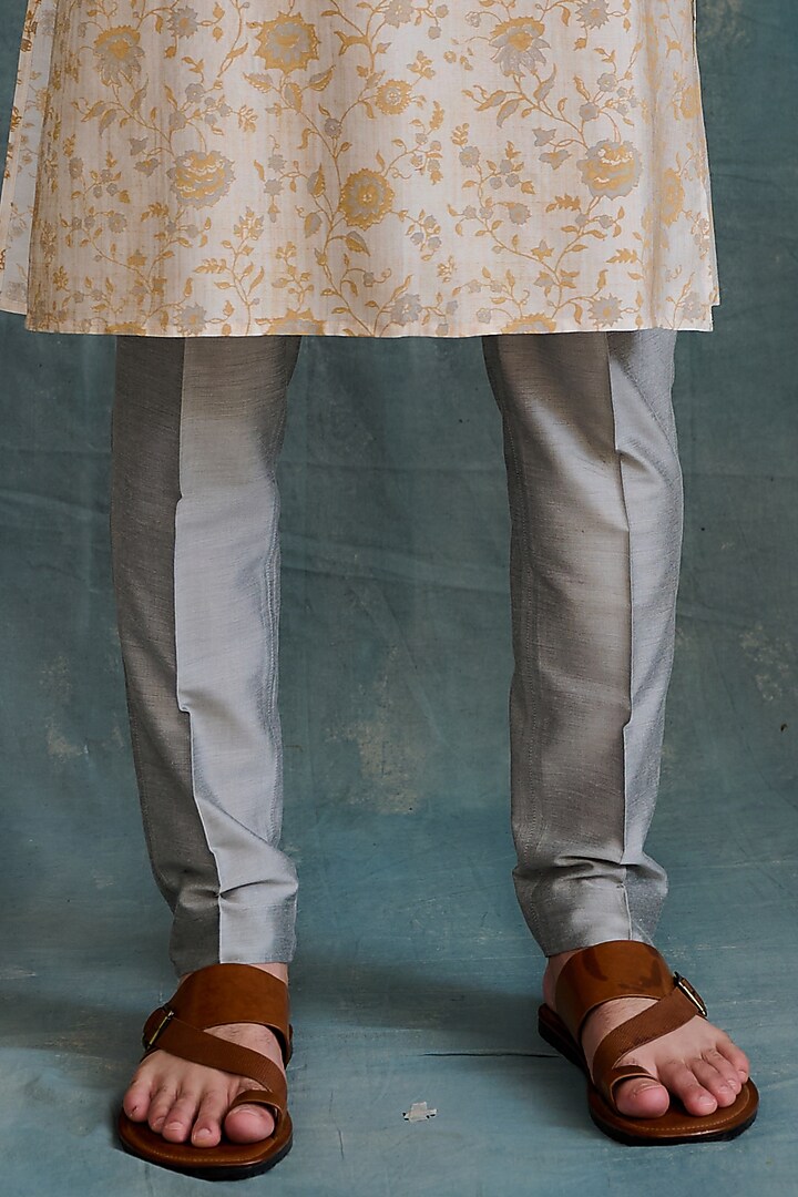 Gold Tussar Block Printed & Zardosi Embroidered Kurta Set by Krishna Mehta Men at Pernia's Pop Up Shop