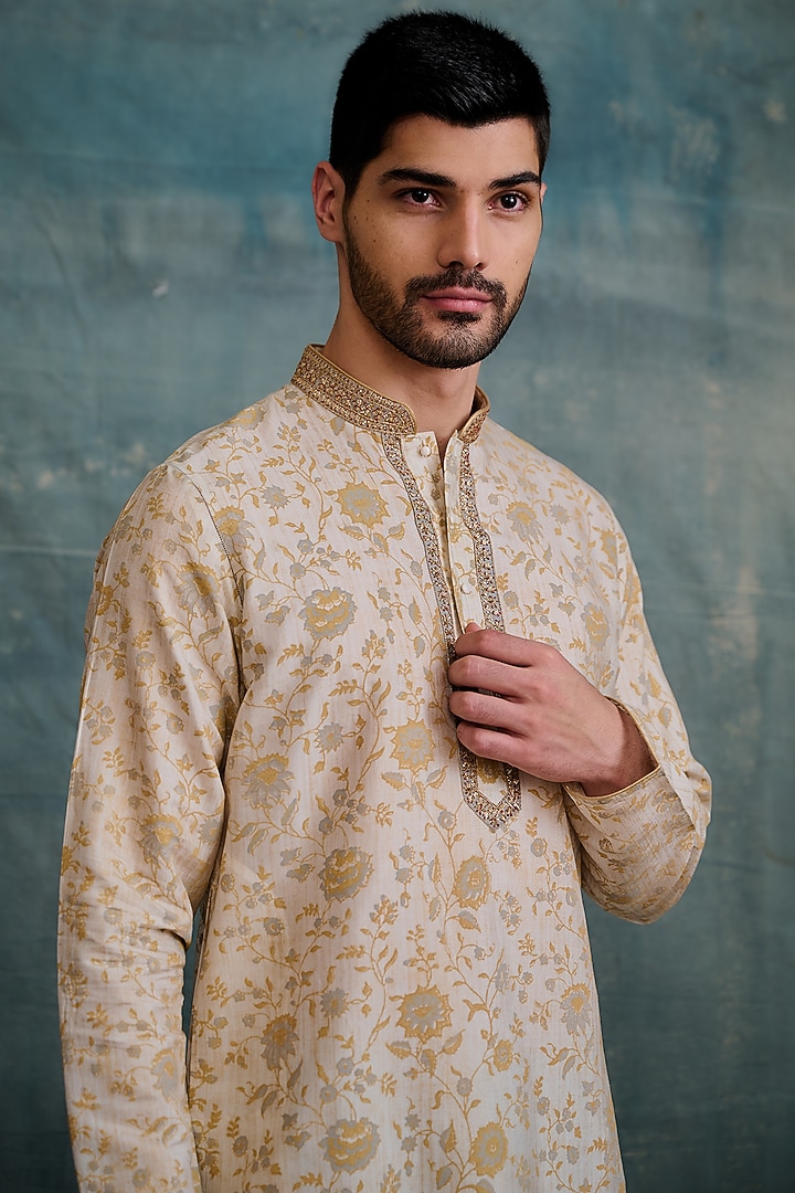 Gold Tussar Block Printed & Zardosi Embroidered Kurta Set by Krishna Mehta Men at Pernia's Pop Up Shop