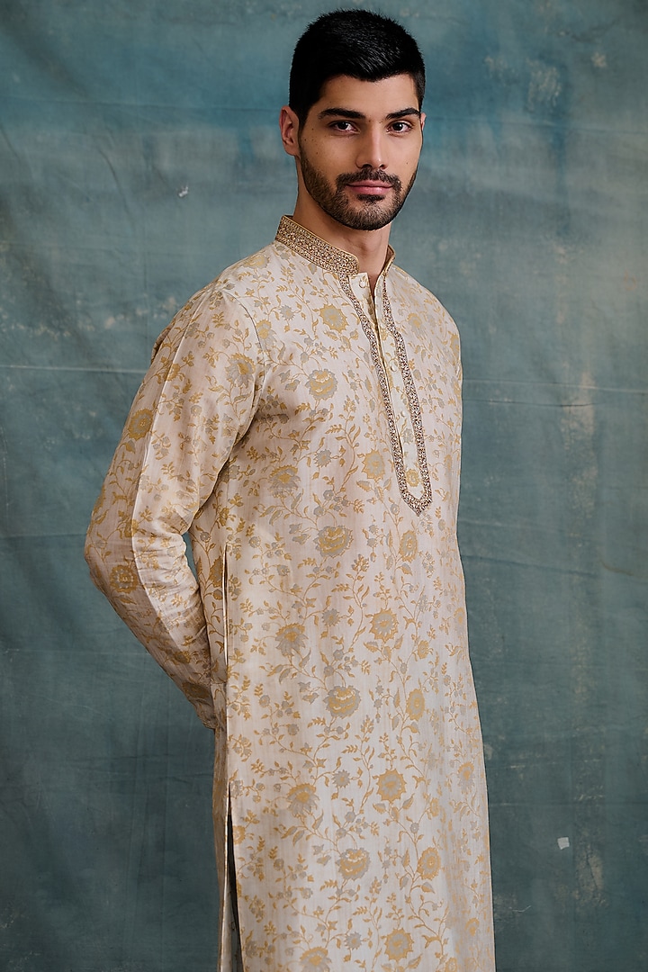 Gold Tussar Block Printed & Zardosi Embroidered Kurta Set by Krishna Mehta Men at Pernia's Pop Up Shop