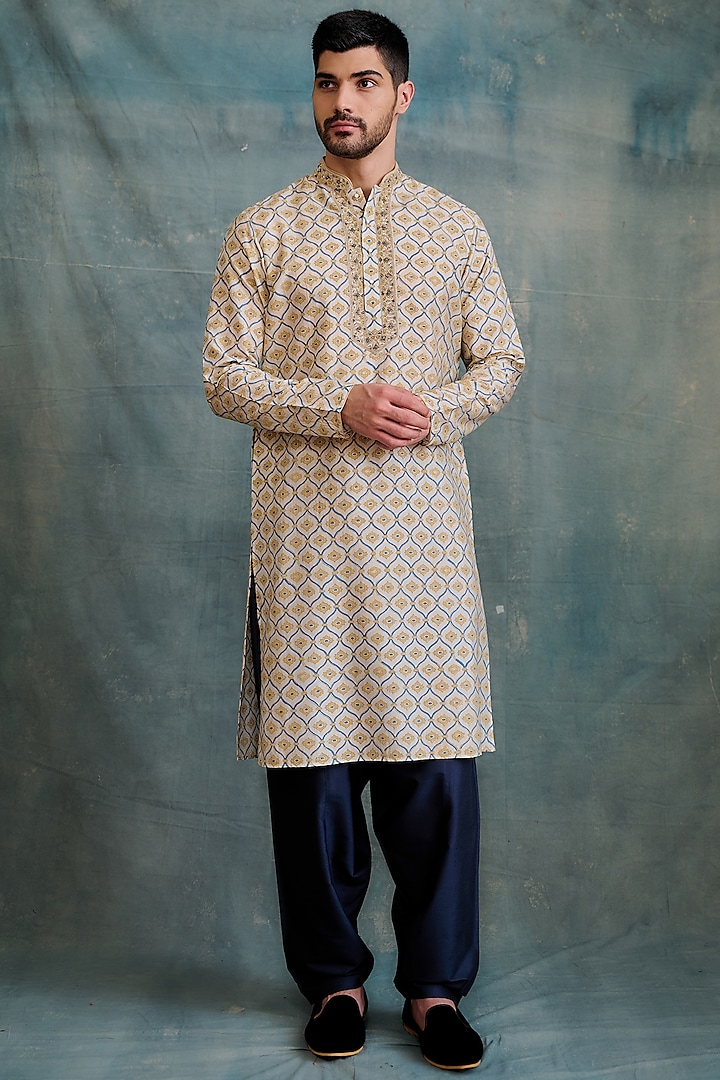 Gold Tussar Block Printed & Zardosi Embroidered Kurta Set by Krishna Mehta Men at Pernia's Pop Up Shop