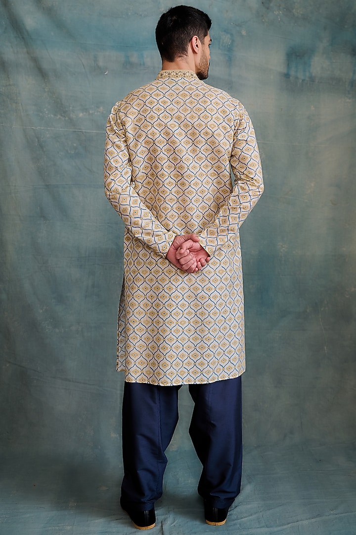 Gold Tussar Block Printed & Zardosi Embroidered Kurta Set by Krishna Mehta Men at Pernia's Pop Up Shop