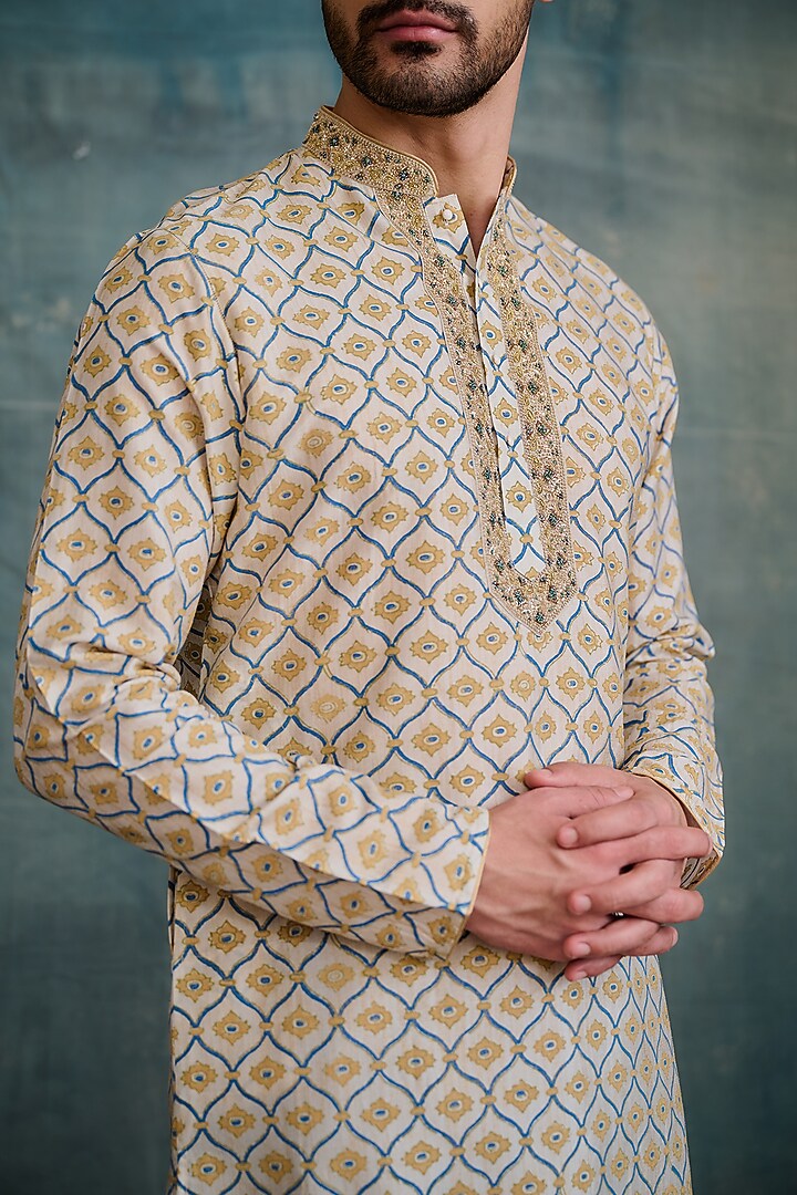 Gold Tussar Block Printed & Zardosi Embroidered Kurta Set by Krishna Mehta Men at Pernia's Pop Up Shop