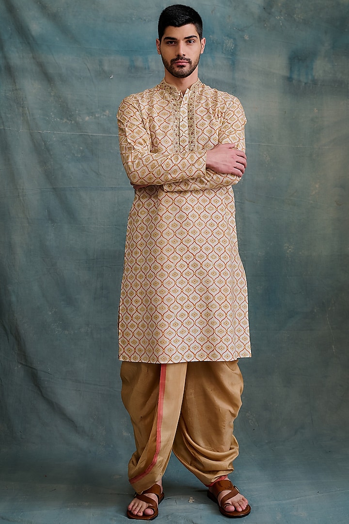 Beige Tussar Block Printed & Zardosi Embroidered Kurta Set by Krishna Mehta Men at Pernia's Pop Up Shop