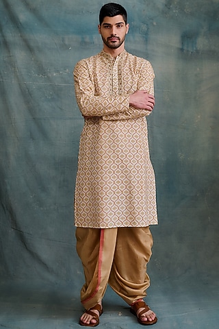 Beige Tussar Block Printed & Zardosi Embroidered Kurta Set by Krishna Mehta Men