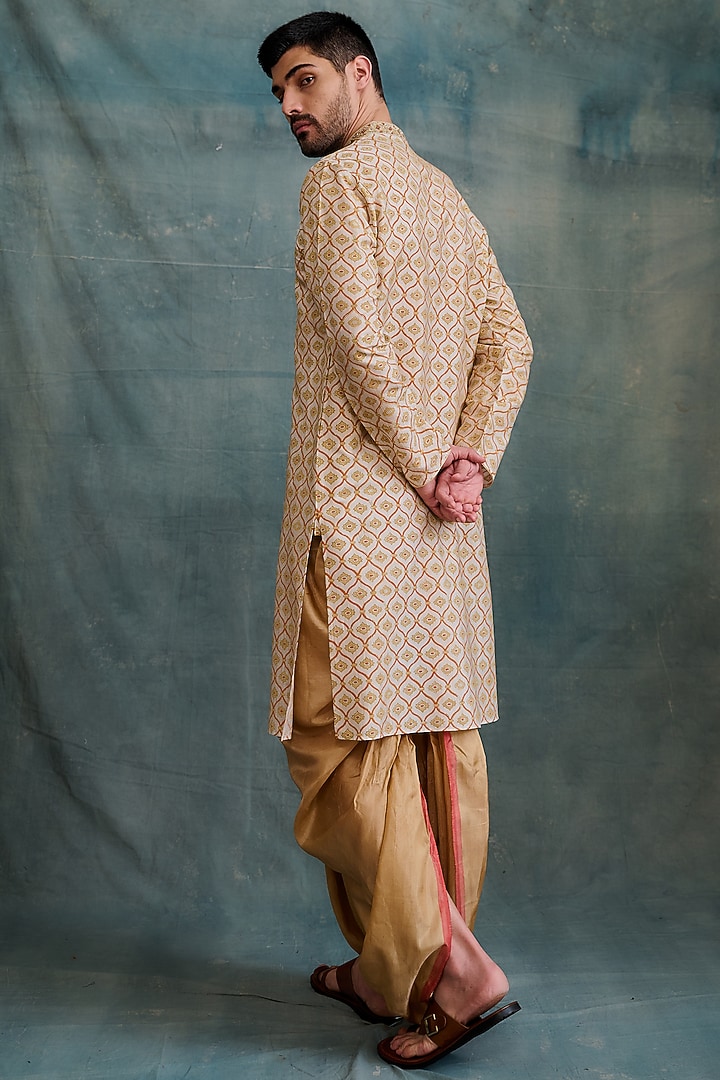 Beige Tussar Block Printed & Zardosi Embroidered Kurta Set by Krishna Mehta Men at Pernia's Pop Up Shop