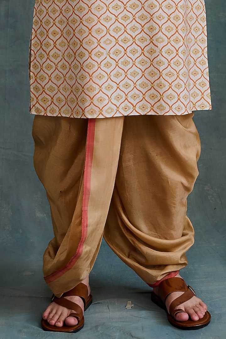 Beige Tussar Block Printed & Zardosi Embroidered Kurta Set by Krishna Mehta Men at Pernia's Pop Up Shop