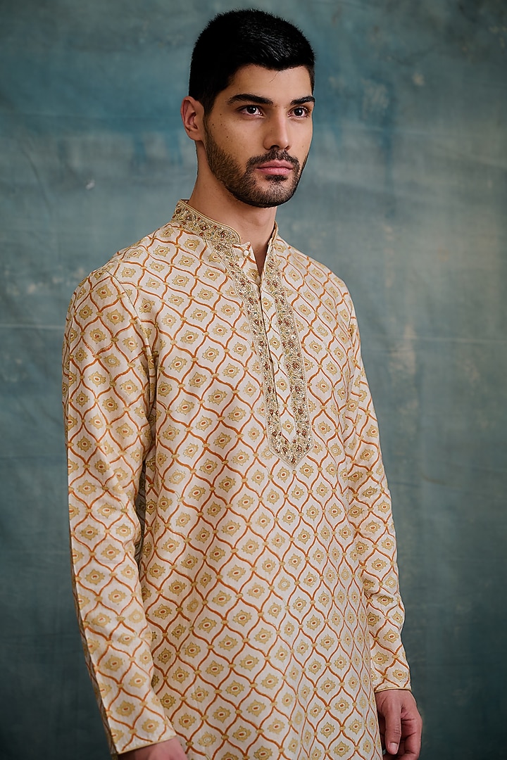 Beige Tussar Block Printed & Zardosi Embroidered Kurta Set by Krishna Mehta Men at Pernia's Pop Up Shop