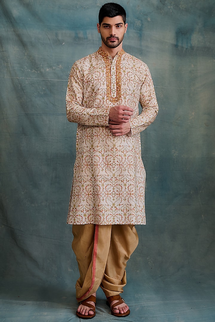 Beige Tussar Block Printed & Zardosi Embroidered Kurta Set by Krishna Mehta Men