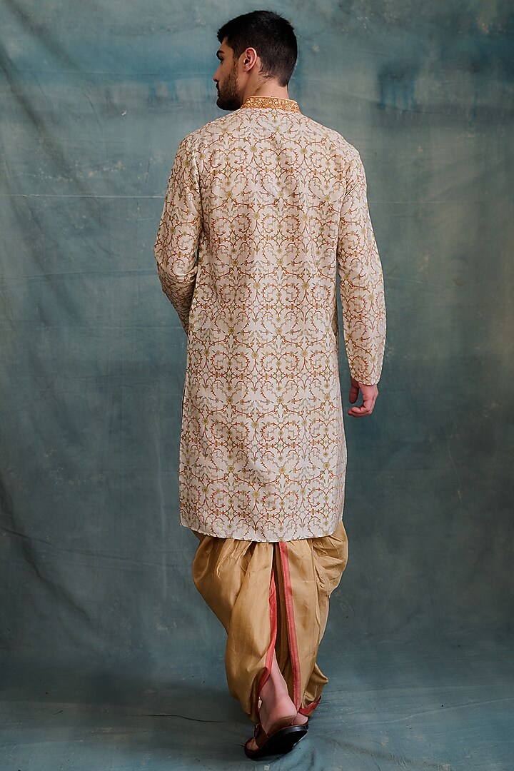Beige Tussar Block Printed & Zardosi Embroidered Kurta Set by Krishna Mehta Men at Pernia's Pop Up Shop